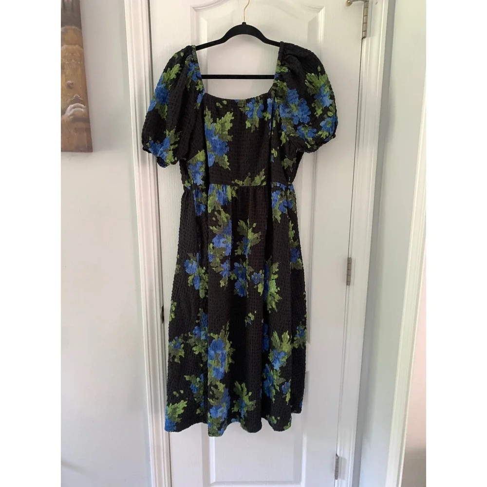 Time and Tru Floral Seersucker Midi Dress XL 16-18 Blue Puff Sleeve Tie‎ Back